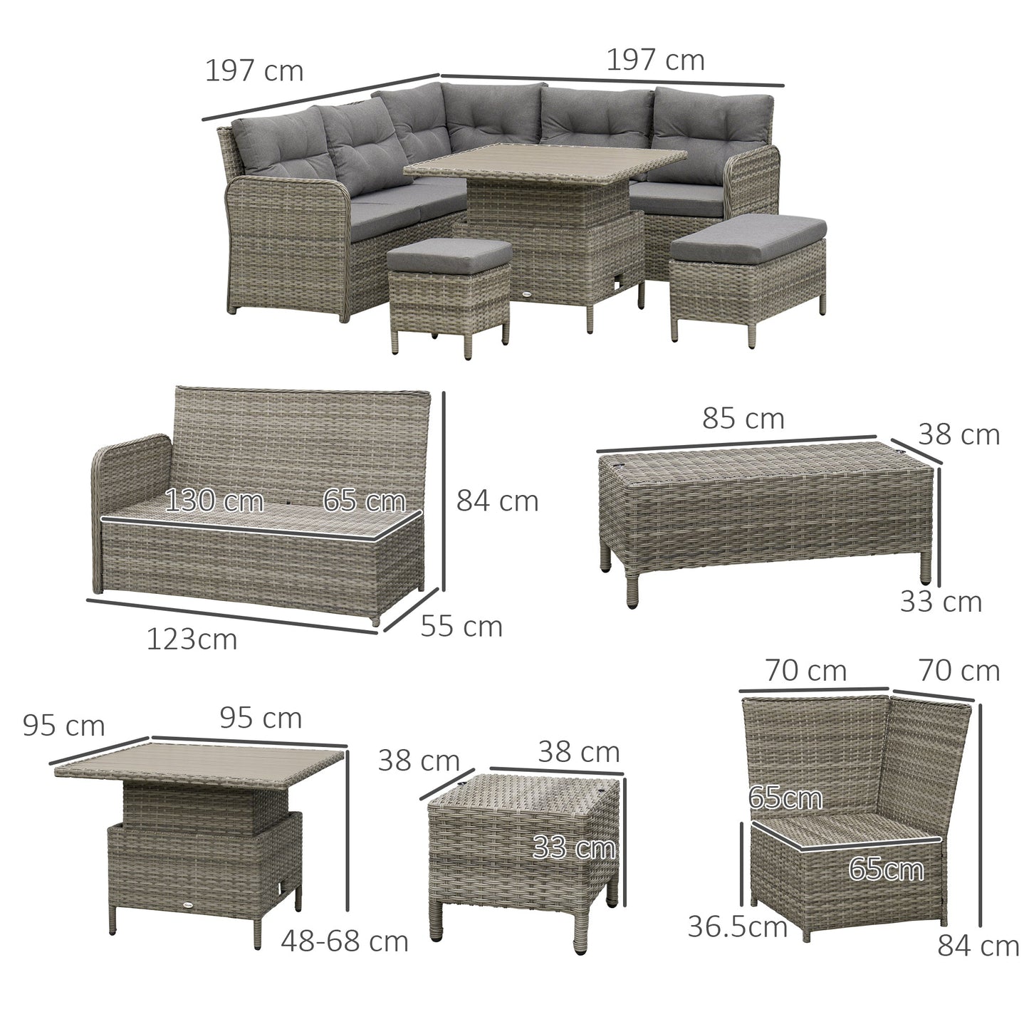 Outsunny 6-częściowy zestaw mebli ogrodowych z rattanu PE, narożna sofa na patio z wikliny z miękką wyściółką i podnoszonym stolikiem kawowym, szary