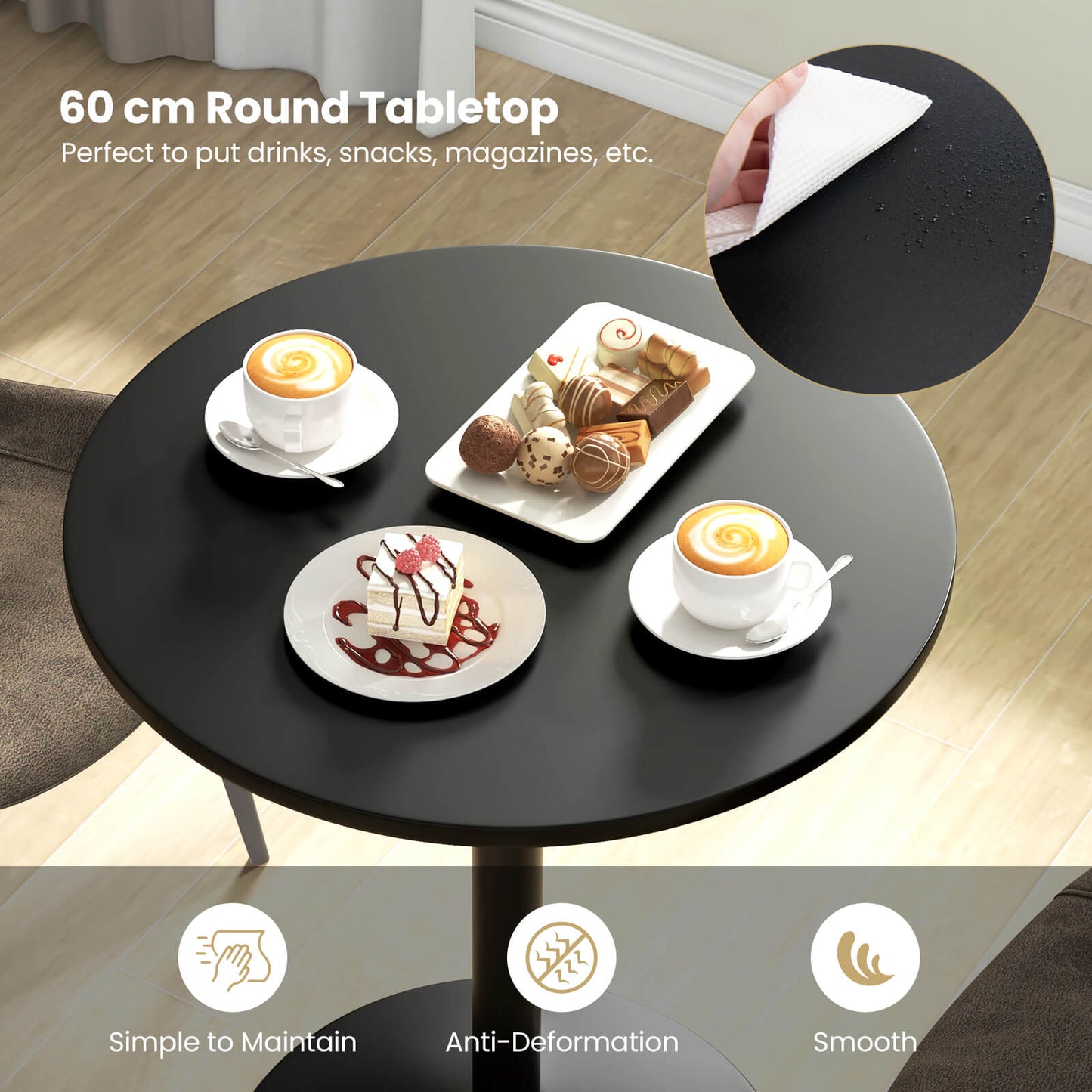 60 cm Round Dining Table with Metal Pedestal Base for 2-Black