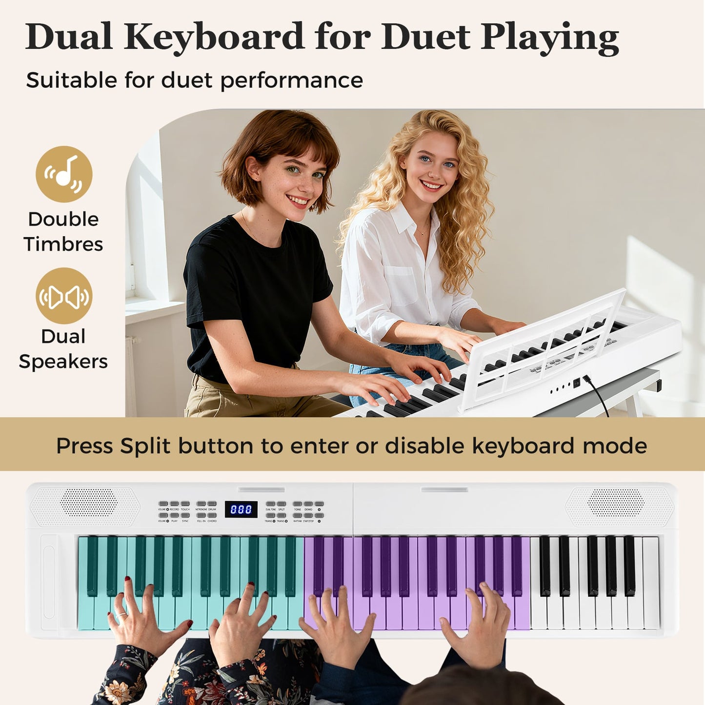 61-Key Foldable Piano Keyboard Full-size Electronic Keyboard with MIDI and Split Function-White