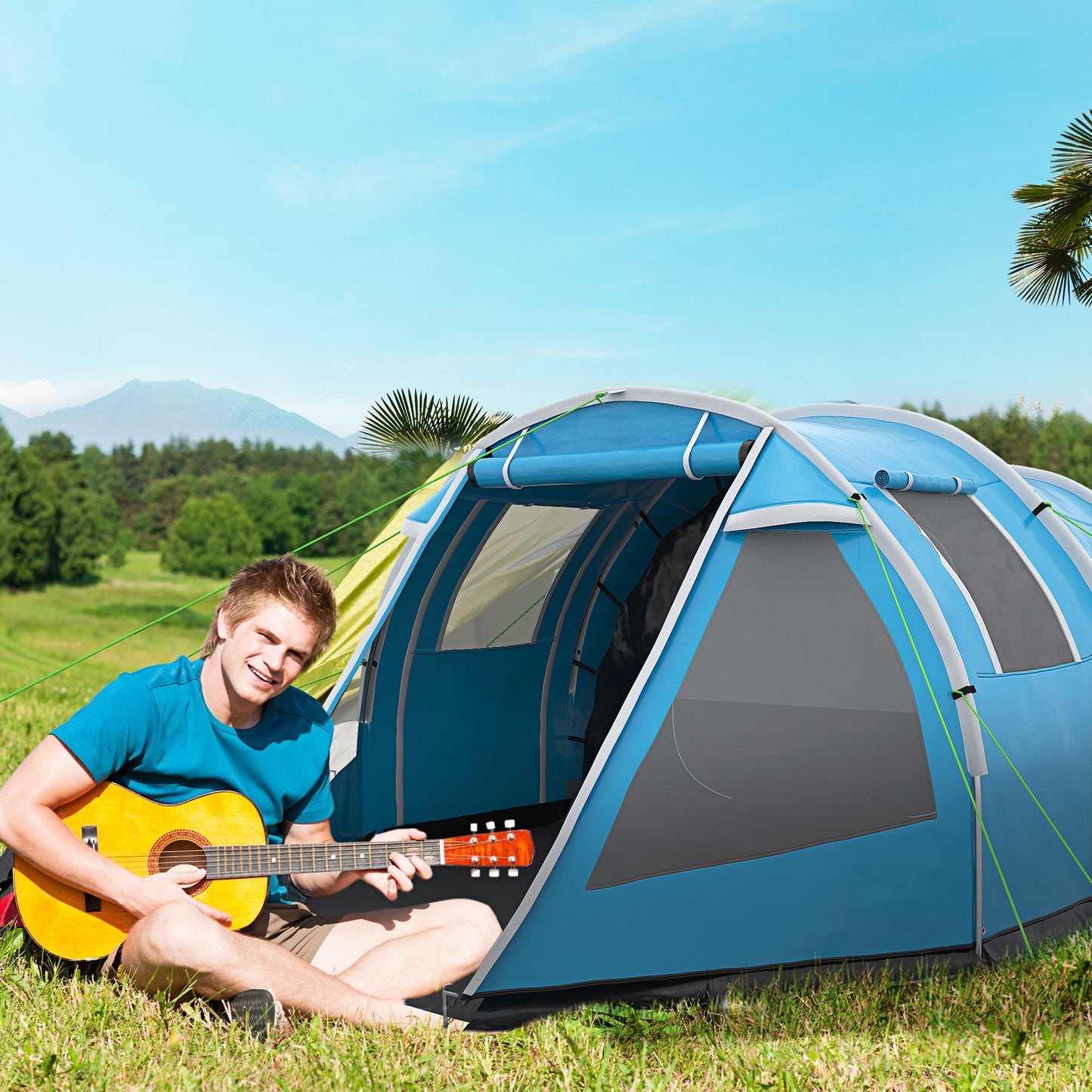 Outsunny 3-4 Man Tunnel Tent, dwupokojowy namiot kempingowy z oknami i pokrowcami, przenośna torba transportowa, do wędkowania, wędrówek, sportu, festiwali - niebieski