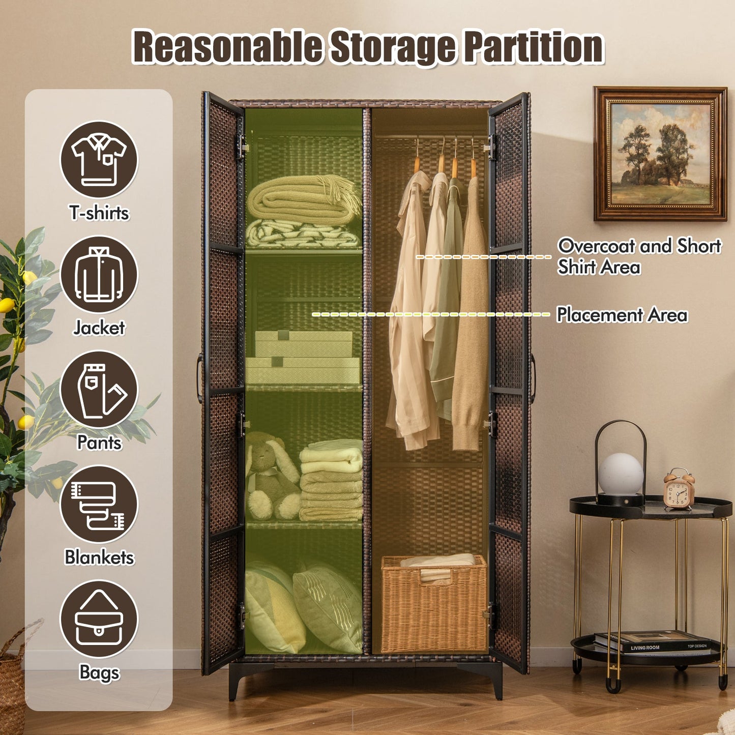 PE Rattan Wardrobe Armoire Closet with Hanging Rod and 4 Storage Cubes for Home Patio Garage-Brown