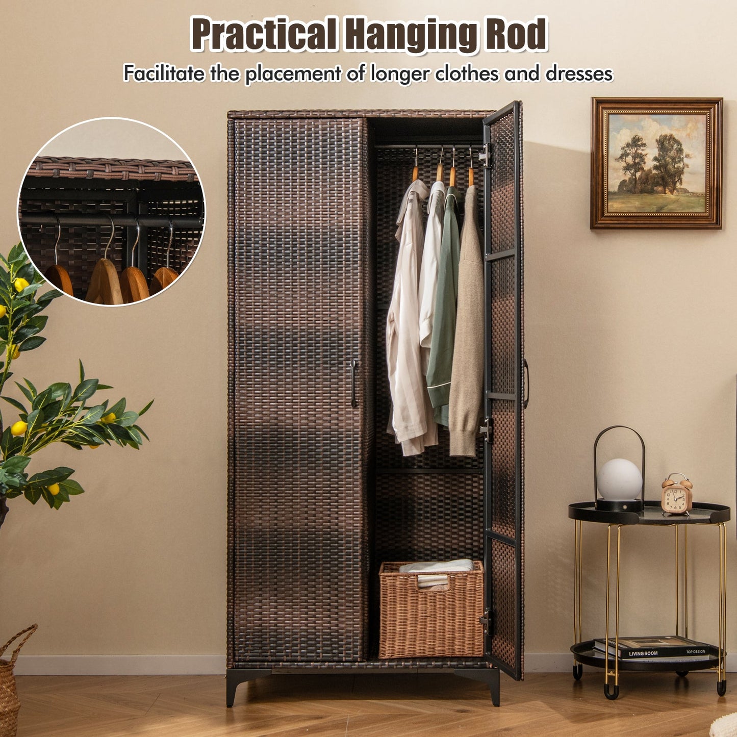 PE Rattan Wardrobe Armoire Closet with Hanging Rod and 4 Storage Cubes for Home Patio Garage-Brown