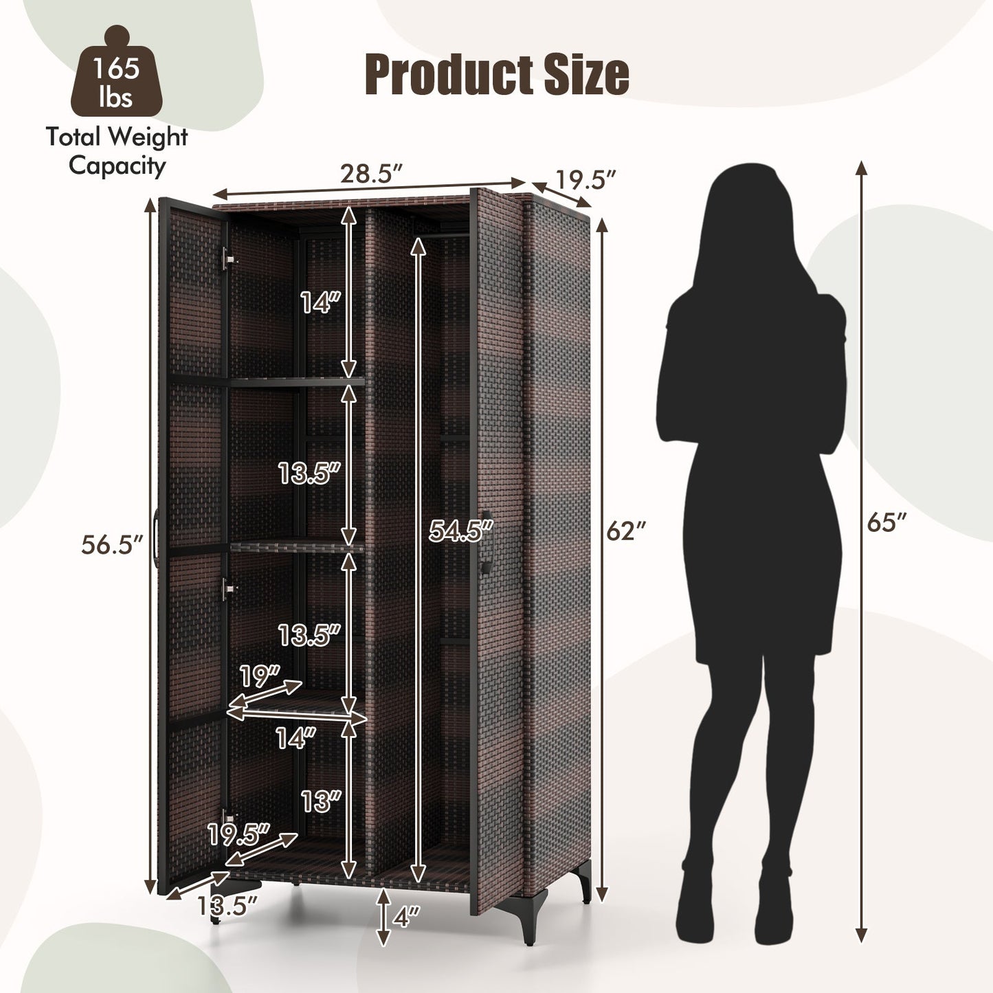 PE Rattan Wardrobe Armoire Closet with Hanging Rod and 4 Storage Cubes for Home Patio Garage-Brown
