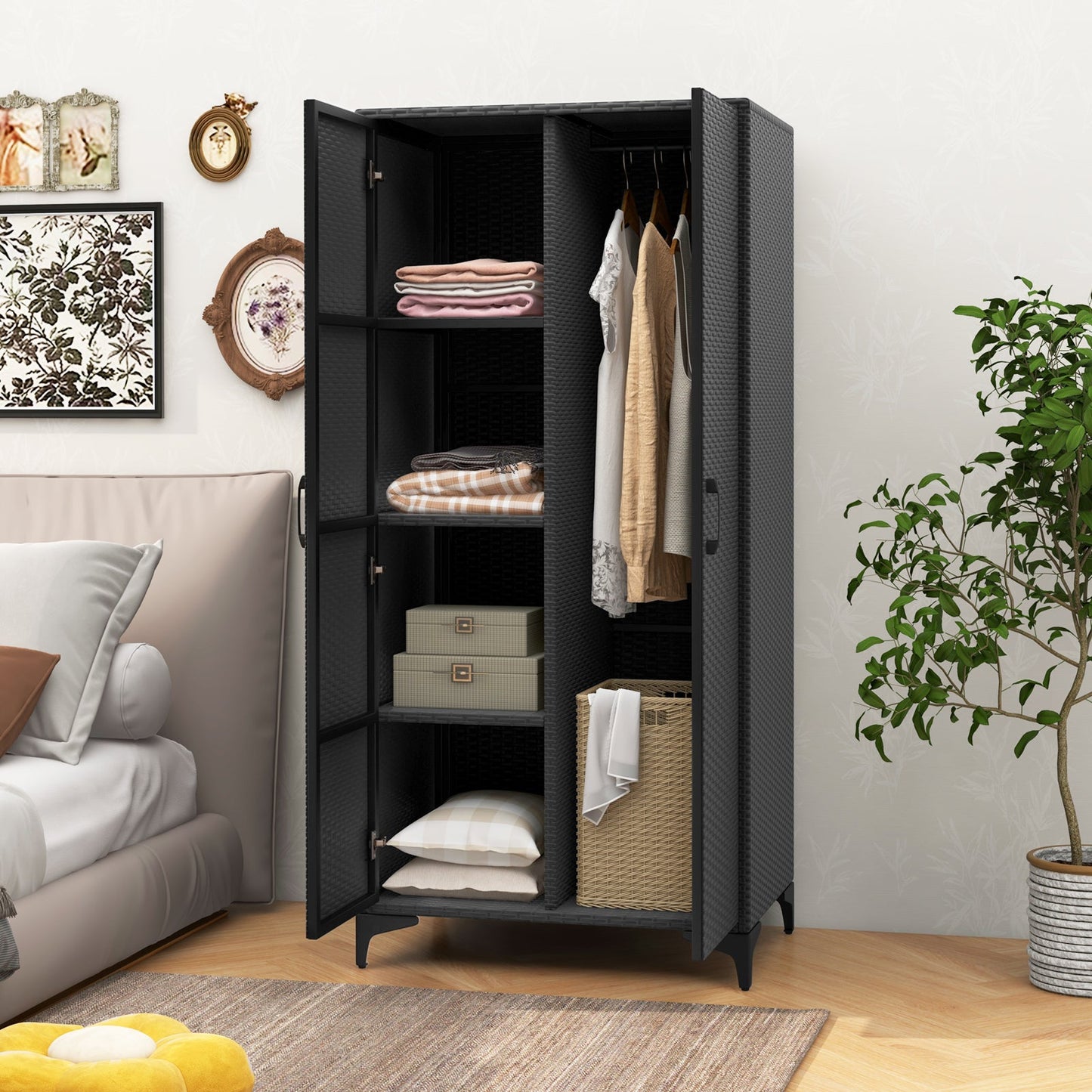 PE Rattan Wardrobe Armoire Closet with Hanging Rod and 4 Storage Cubes for Home Patio Garage-Black