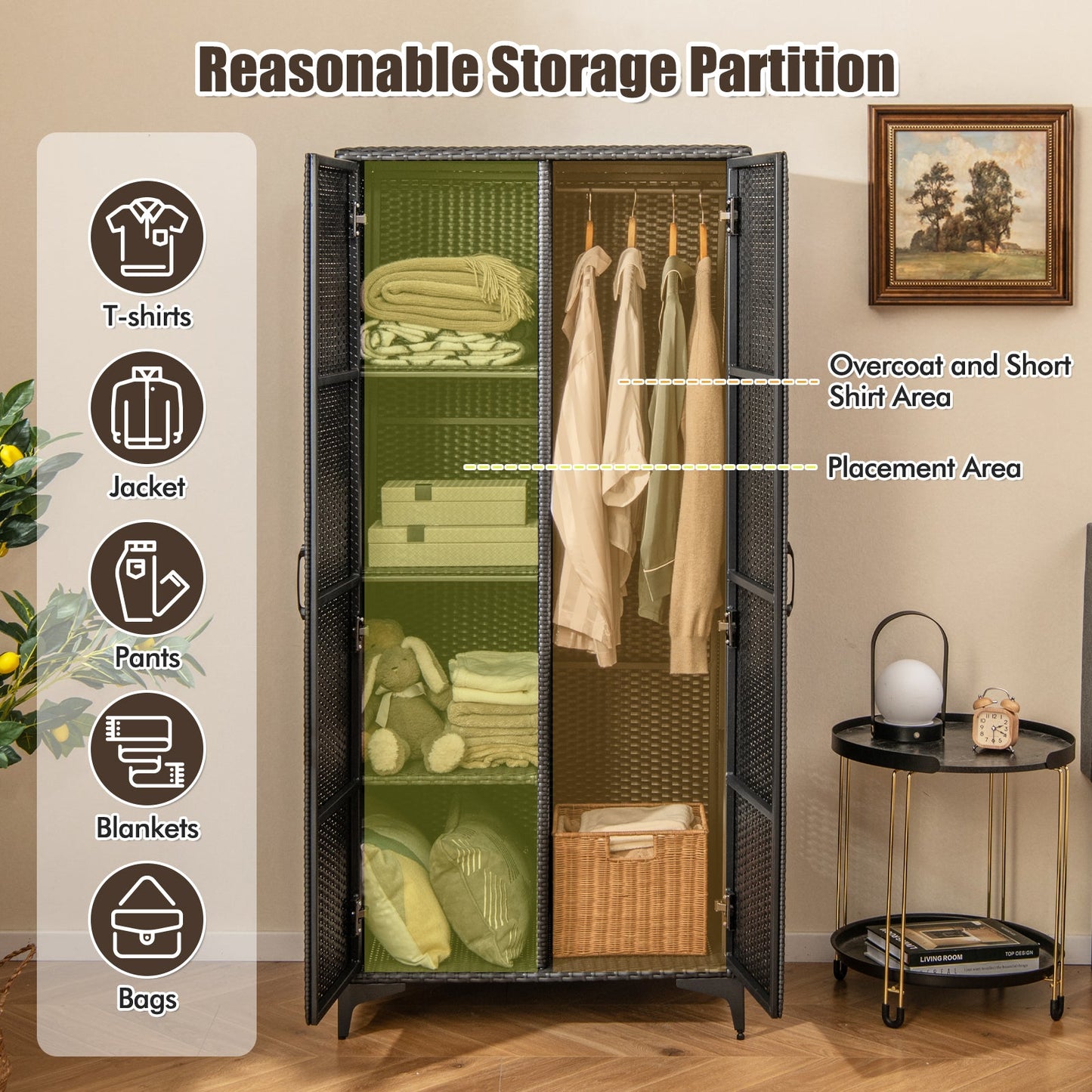 PE Rattan Wardrobe Armoire Closet with Hanging Rod and 4 Storage Cubes for Home Patio Garage-Black