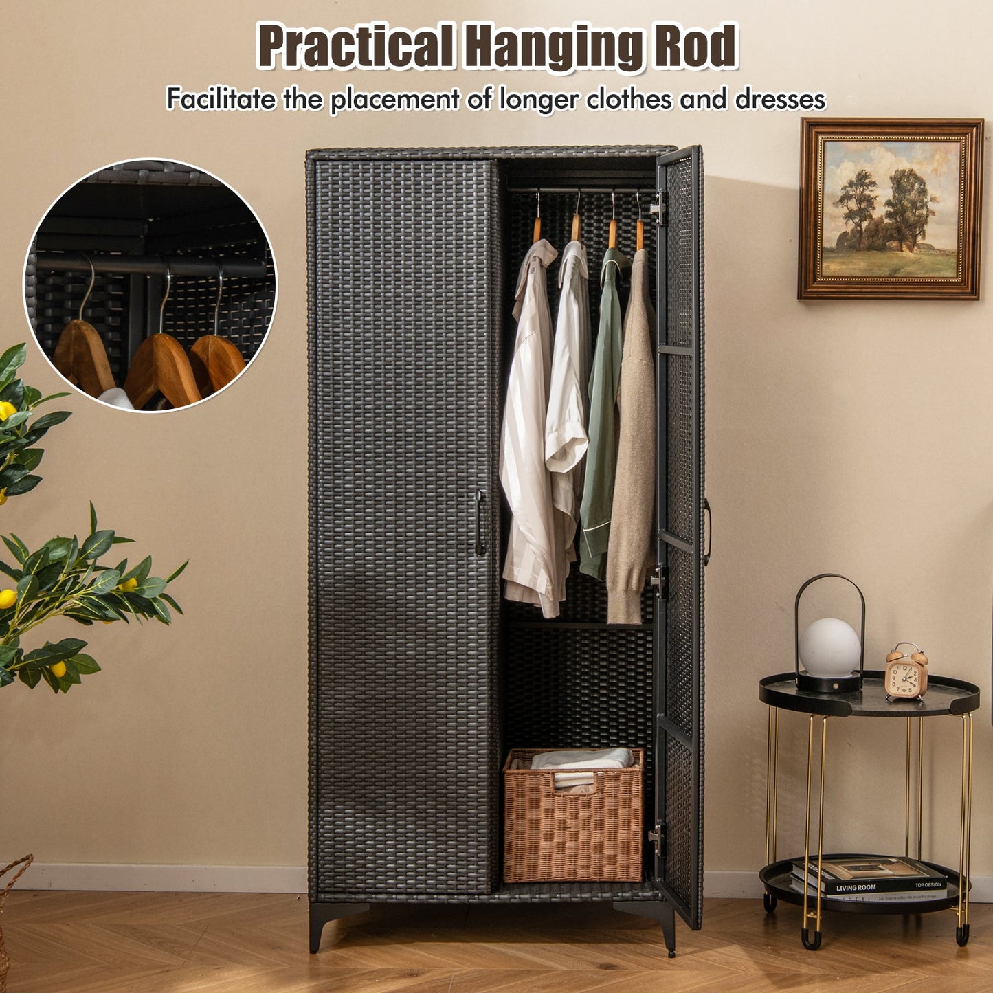 PE Rattan Wardrobe Armoire Closet with Hanging Rod and 4 Storage Cubes for Home Patio Garage-Black