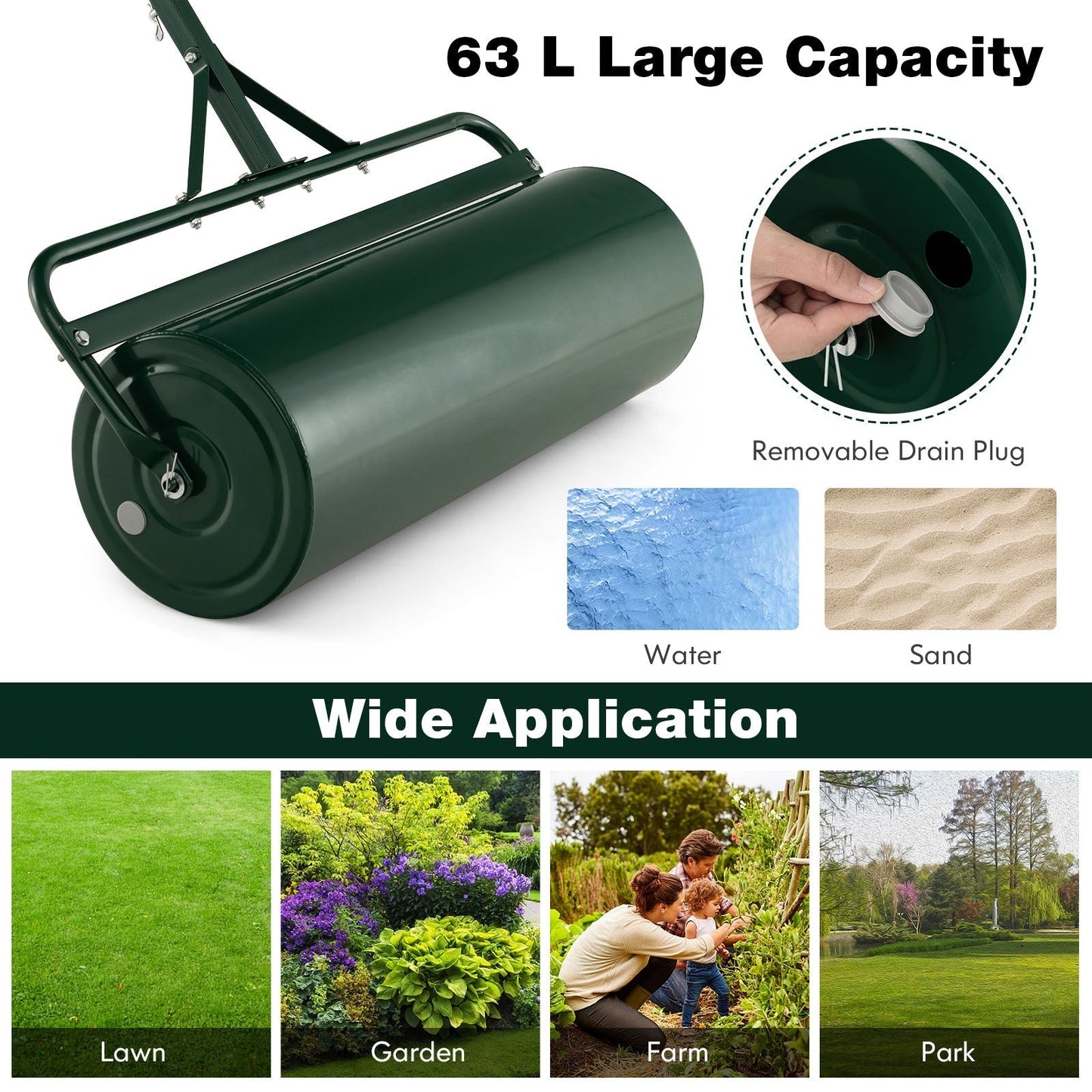 Metal Lawn Roller with Detachable Gripping Handle-Green