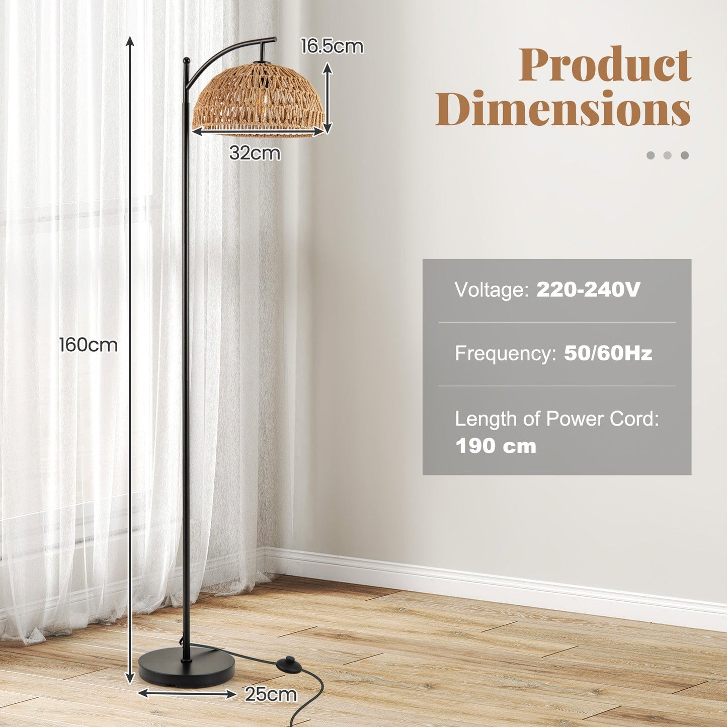 63 Inches Modern Arc Floor Lamp with Hanging Lampshade Bedroom-Black