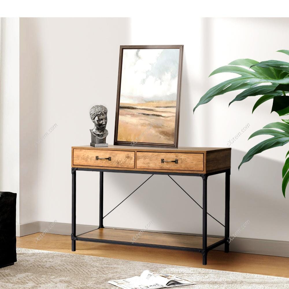 Industrial Wood Side Table with Drawers