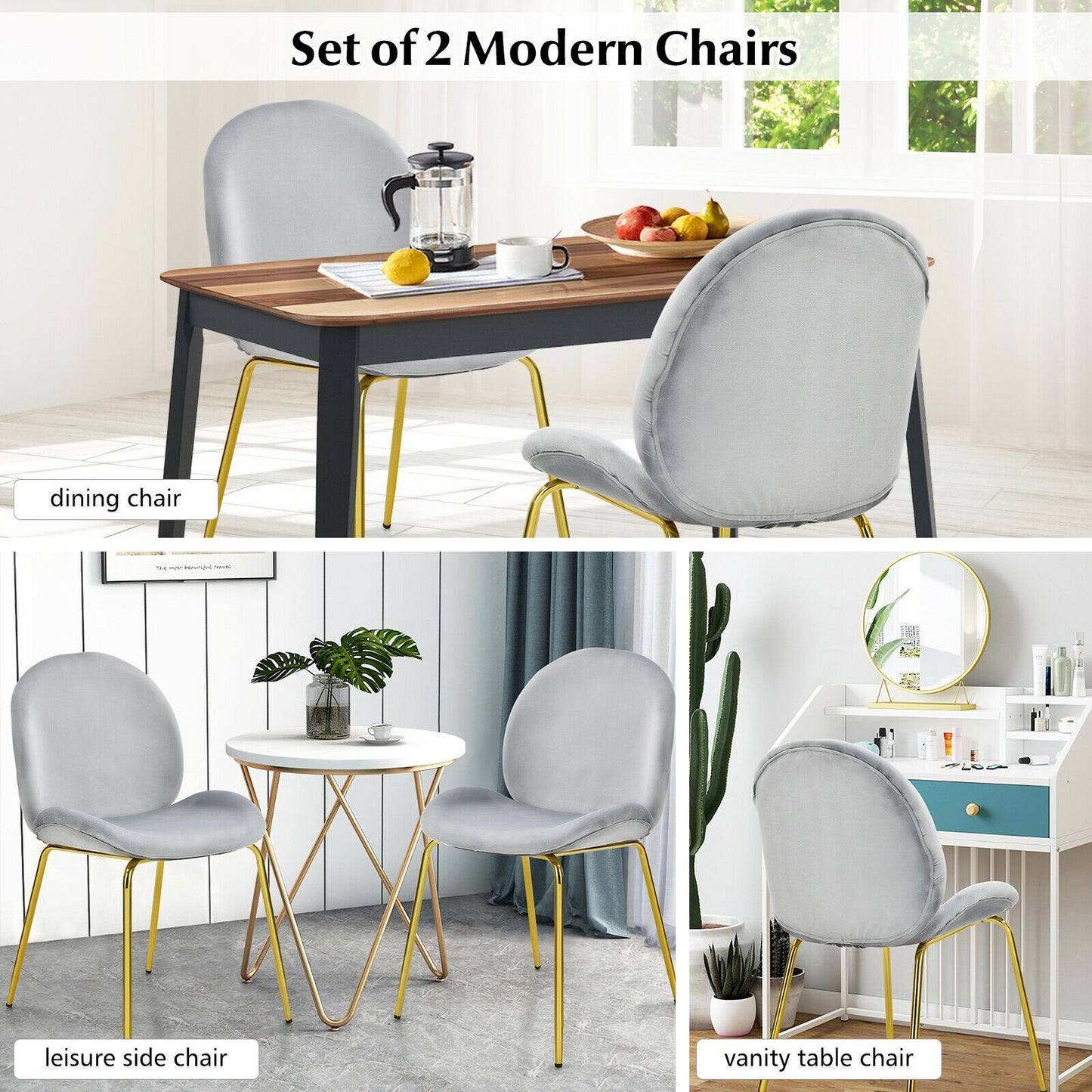 Set of 2 Velvet Dining Chair with Golden Finished Steel Legs-Grey