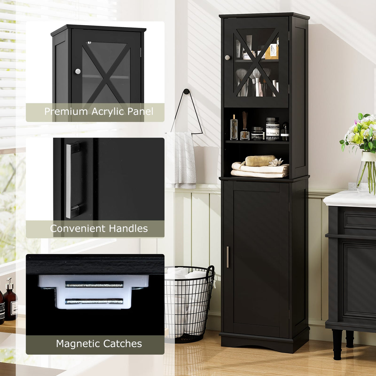 67 Inch Floor Storage Bathroom Cabinet with 5 Adjustable Shelves-Black