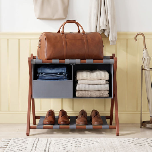 68 cm Foldable Bamboo Luggage Rack with Removable 2-Compartment Storage Bag-Rustic Brown