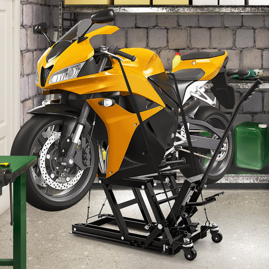 680KG Motorcycle Lift Jack with 4 Wheels and Footplates-Black