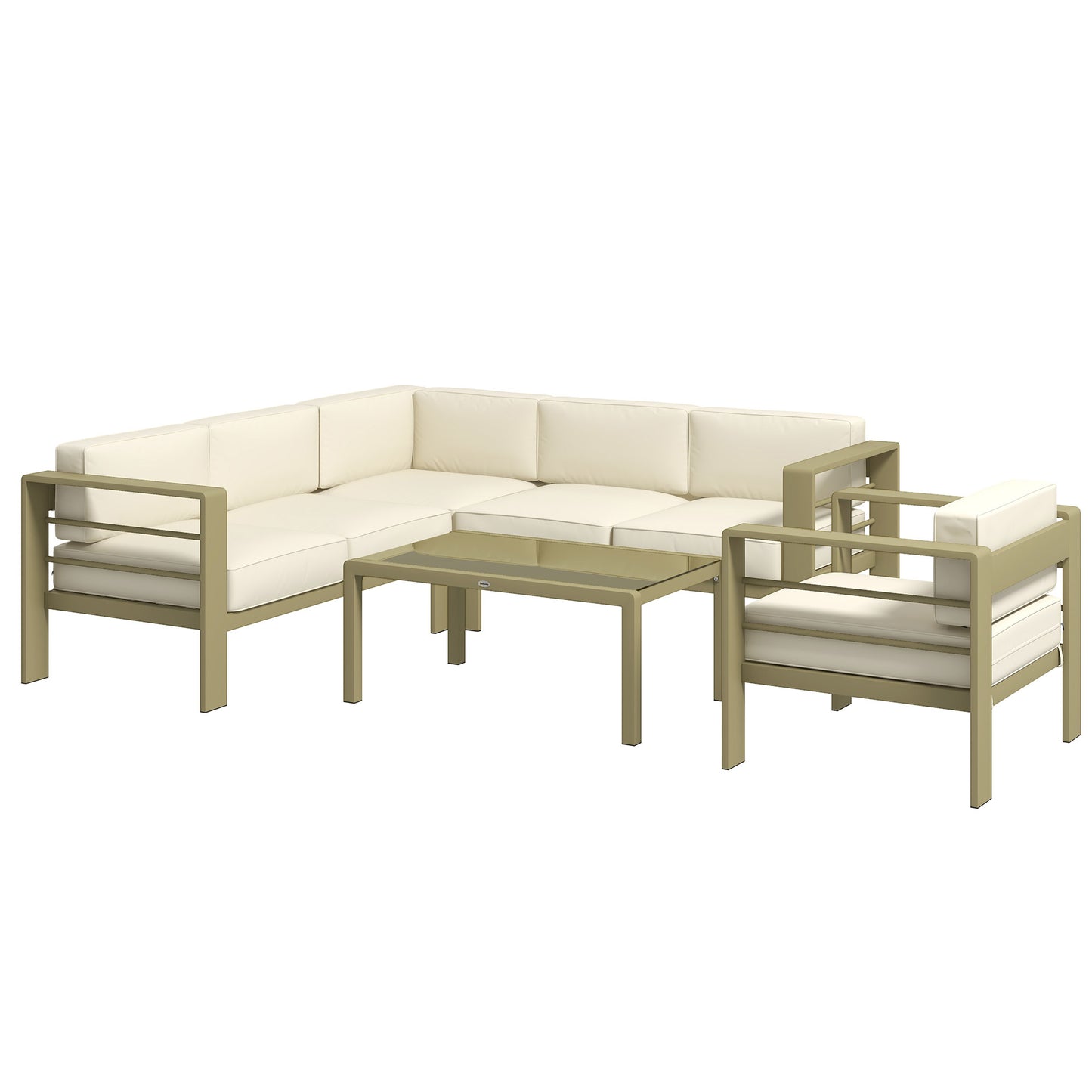 An Outsunny 5-piece garden sofa set with cushions, featuring two loveseats, a corner chair, an armchair, and a glass top coffee table, in gold and cream white colors.
