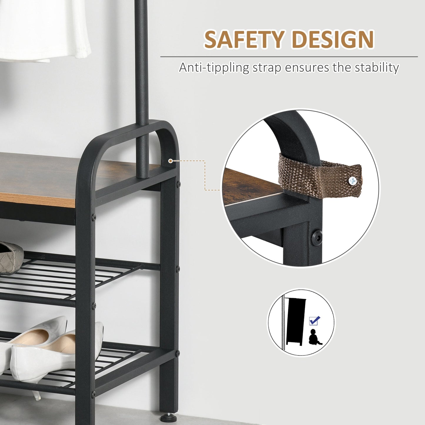 HOMCOM Coat Rack Stand Industrial hallway Shoe Rack Removable Hooks Metal Wood Hangers Storage Cabinet Rustic Brown 72L_34W_185H(cm)
