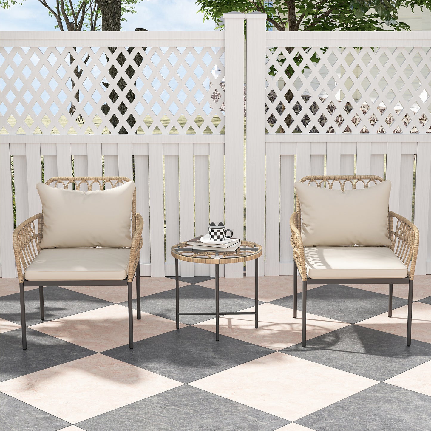 Outsunny 3-częściowy zestaw bistro z rattanu, zestaw mebli ogrodowych z wikliny z poduszkami, szklanym blatem stolika kawowego i krzesłami na zewnątrz, patio, balkon, beżowy