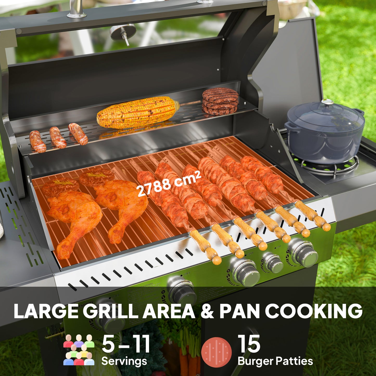 Grill gazowy Outsunny 4+1 z przezroczystą pokrywą, przenośny grill gazowy z wbudowanym termometrem, stolikiem bocznym, szafką, kółkami, tacką na tłuszcz do grillowania na przyjęciach ogrodowych na świeżym powietrzu, czarny