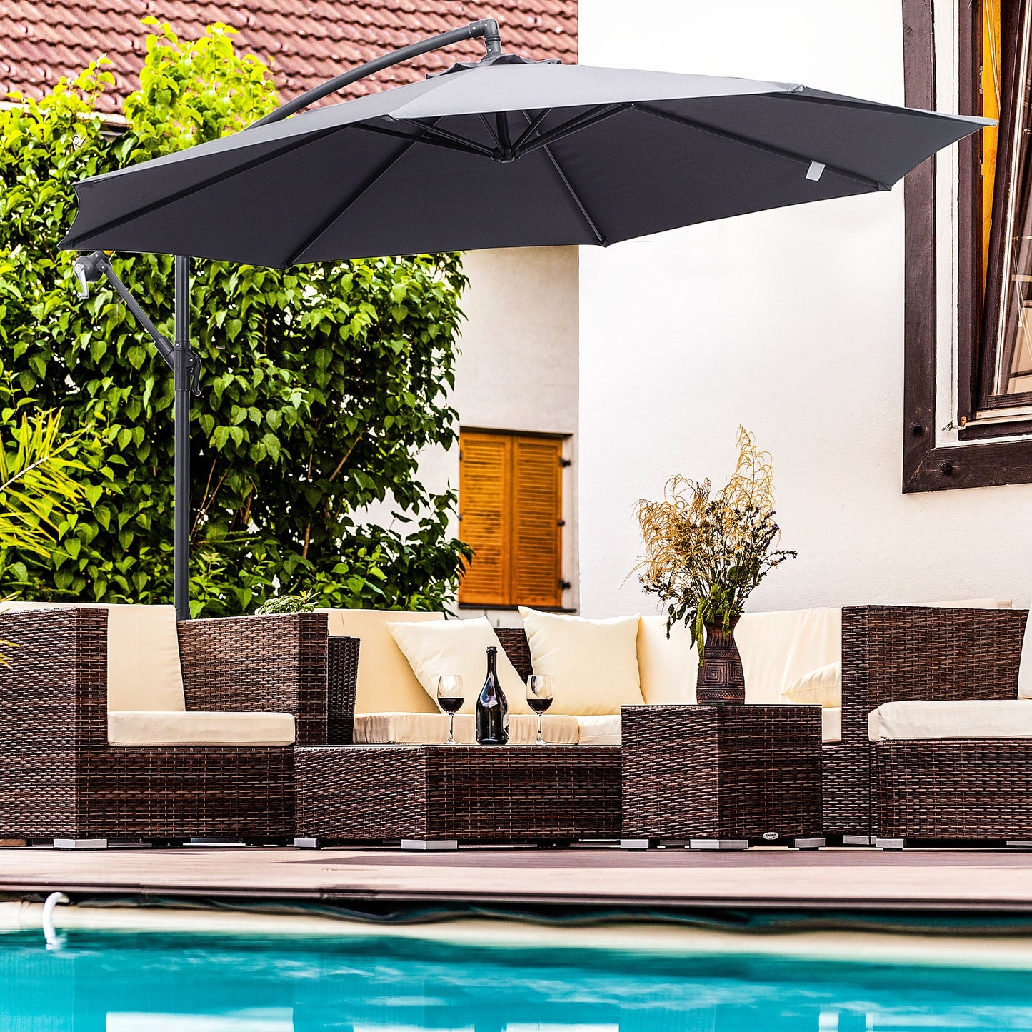 Outsunny 3(m) Garden Parasol Sun Shade Patio Banana Hanging Umbrella Cantilever with Crank Handle and Cross Base Grey