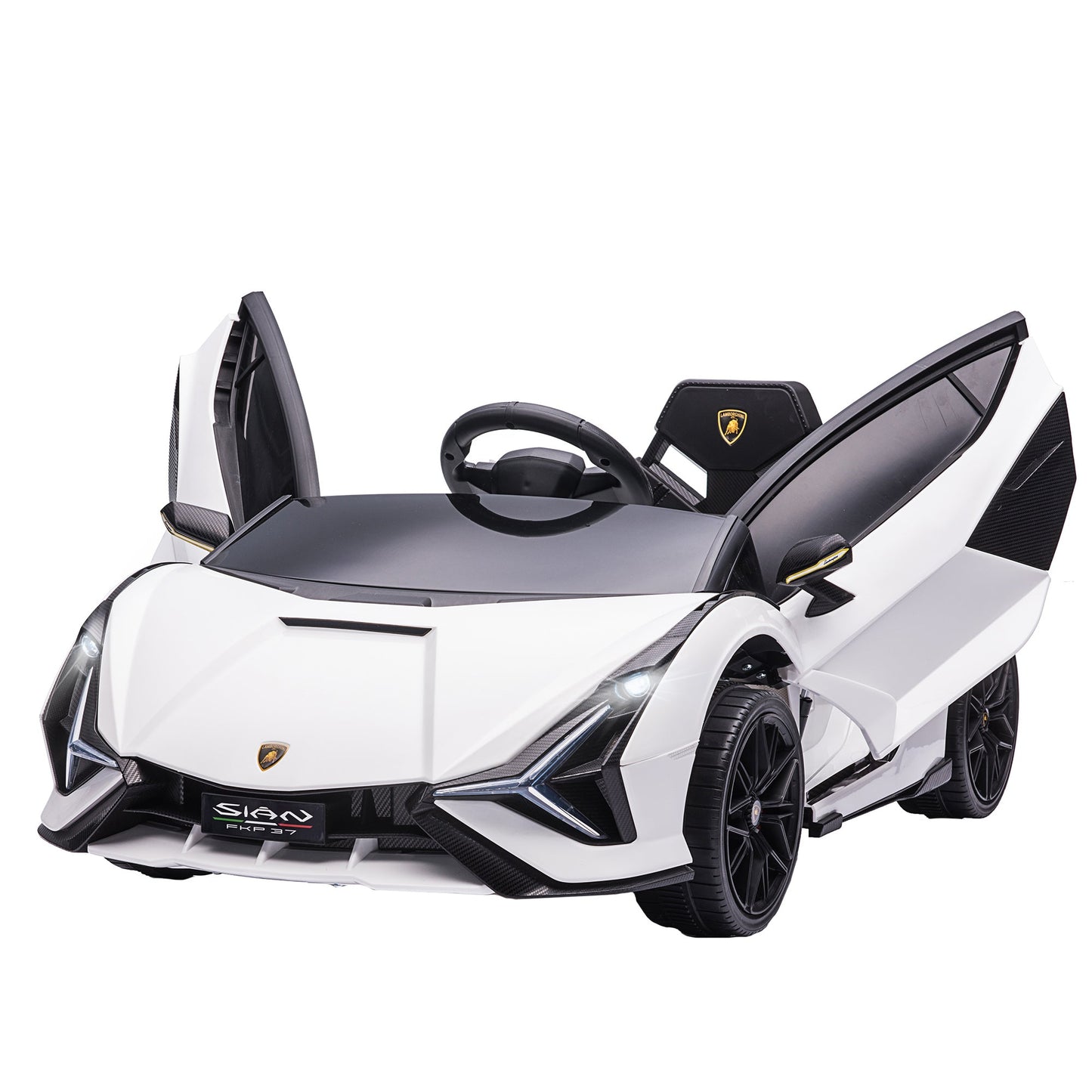 HOMCOM Lamborghini Sian Licencjonowany 12V Elektryczny Samochód Dziecięcy Do Jazdy 2 Silniki Zabawka Samochodzik Z Pilotem Muzyka Światła MP3 dla 3-5 Lat Biały