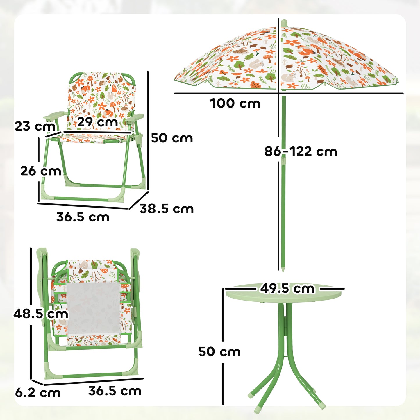 AIYAPLAY 4 Pieces Kids Garden Table and Chair Set with Adjustable Parasol, Folding Chairs, Table, Fox Pattern, Green
