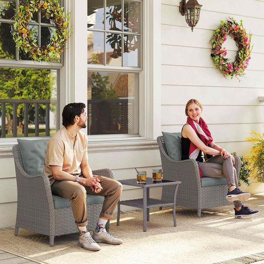 Outsunny Rattan Garden Chairs Set of 2, Outdoor Rattan Chairs with Cushions, Armrests and High Back, PE Wicker Garden Armchair with Steel Frame for Balcony, Porch, Light Grey