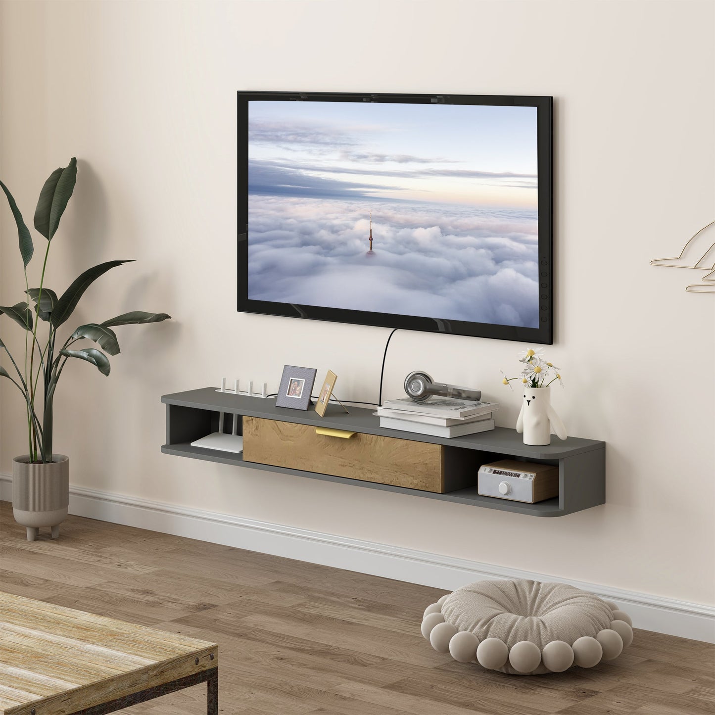 HOMCOM 140 cm Wiszący Stojak Pod TV Z Przechowalką - Antracytowy