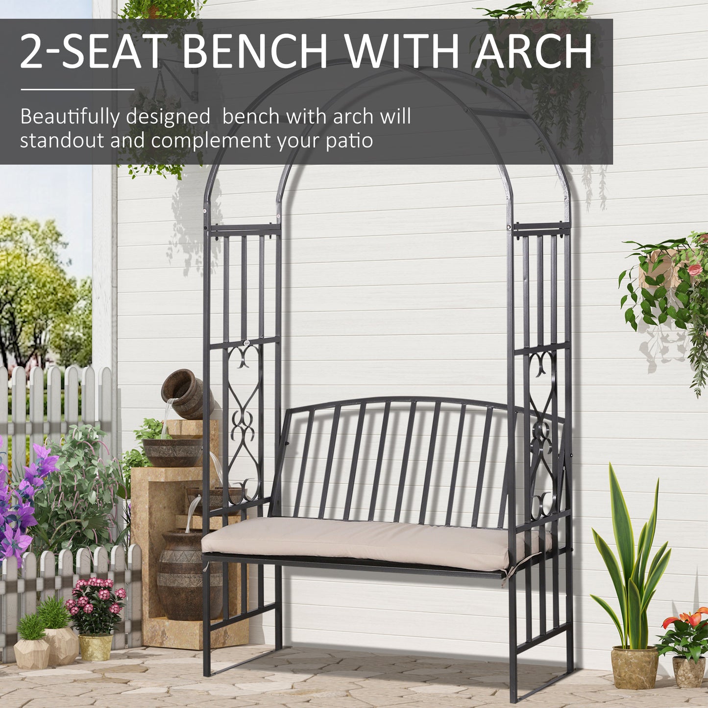 Ławka Outsunny Metal Frame W/Arch, 114Lx60Wx206H cm-szara