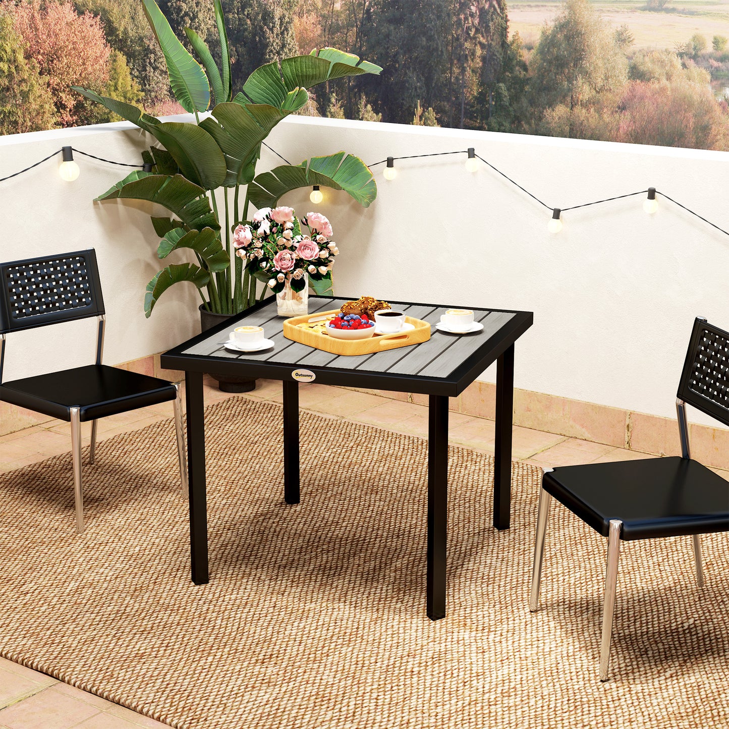 Stół ogrodowy Outsunny Square Garden Dining Table z otworem na parasol 5,4 cm, blatem z listew, metalową ramą, 86 x 86 x 71 cm, jasnoszary