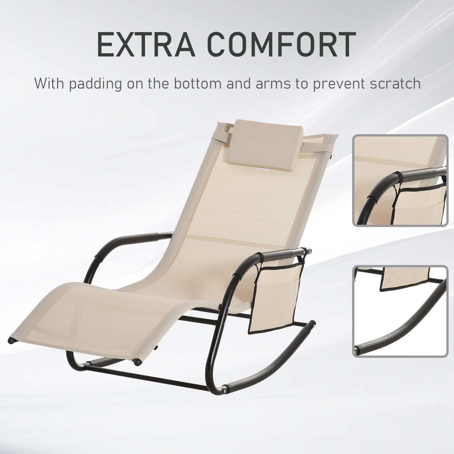 Outsunny 2PCs Outdoor Garden Rocking Chair, Patio Sun Lounger Rocker Chair z oddychającą siateczką, zdejmowana poduszka zagłówka, podłokietnik, boczna torba do przechowywania, kremowo-biały