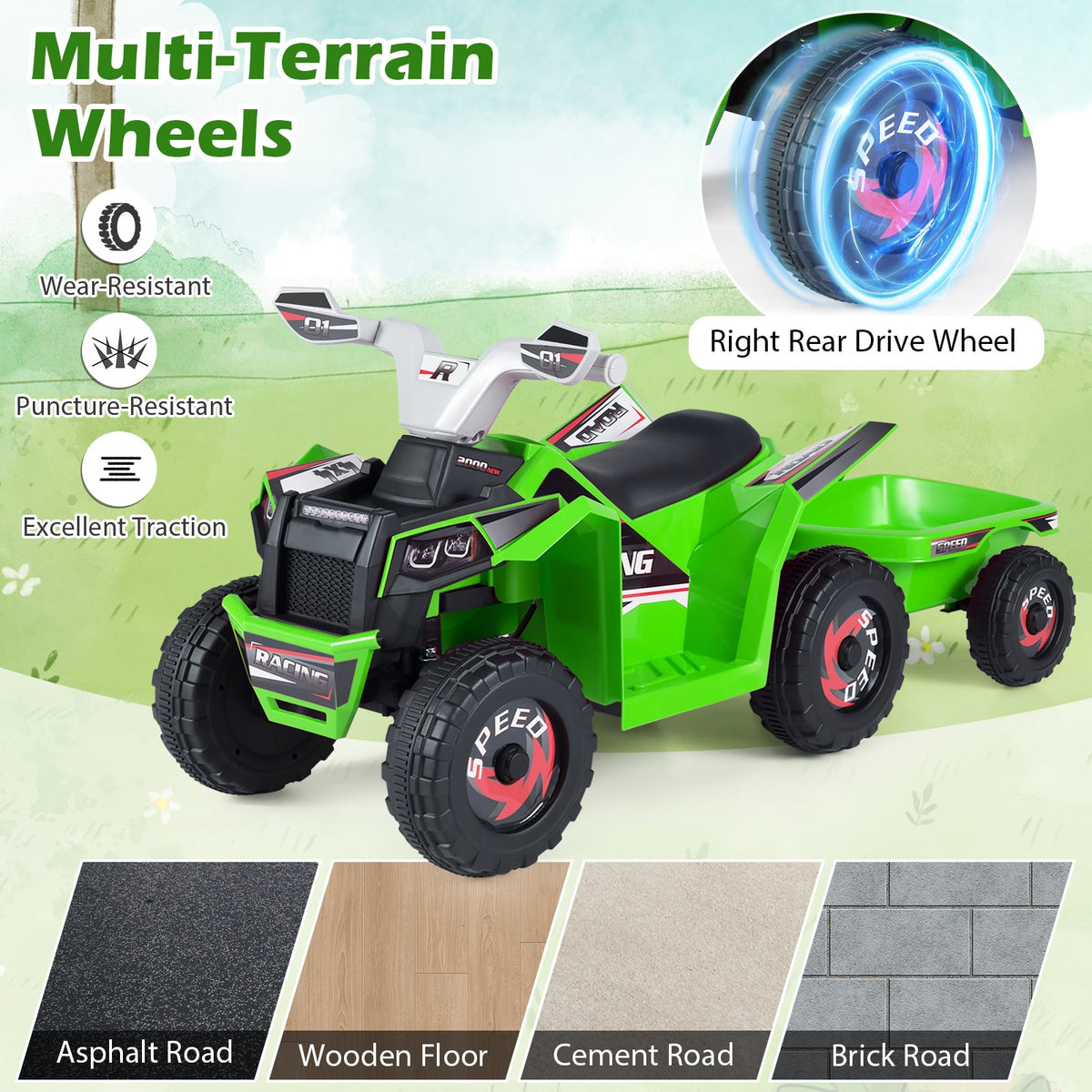 6V Kids Electric Quad with Removable Back Trailer Toddler Ride On ATV-Green
