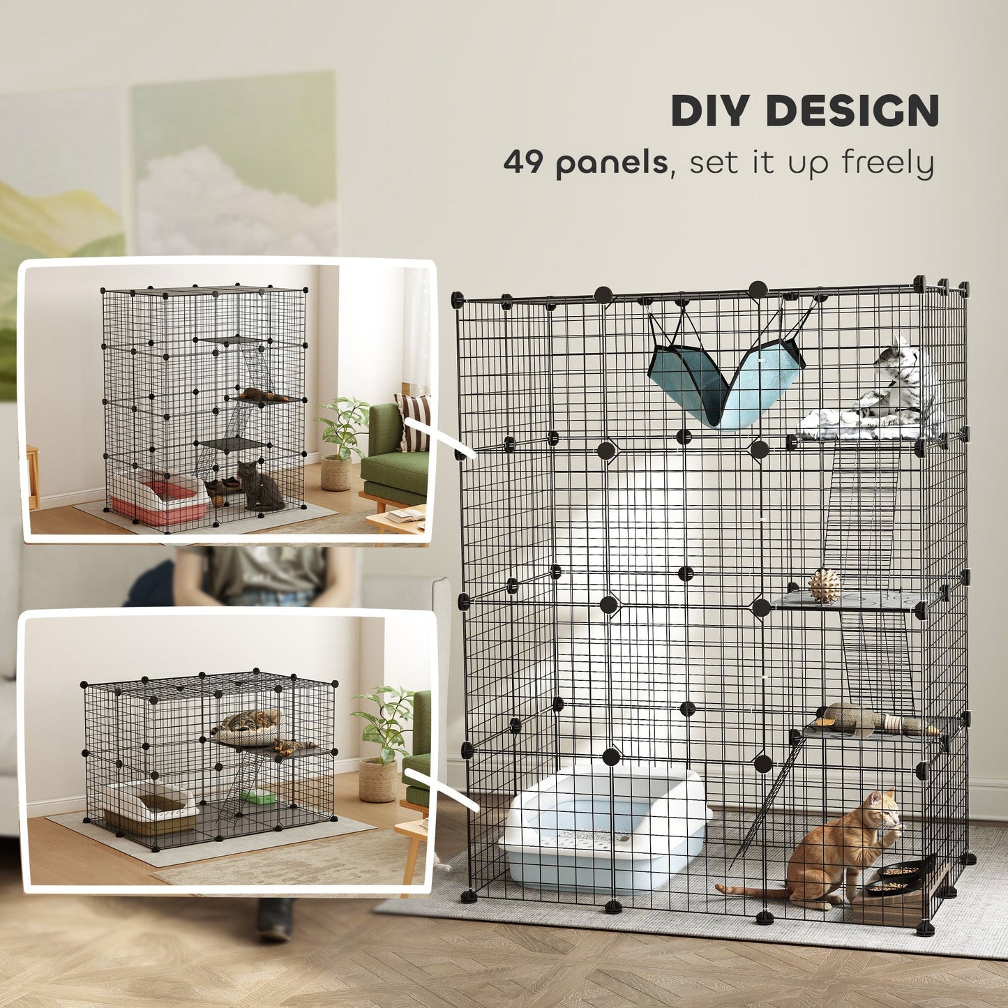 PawHut Four-Tier DIY Large Cat Cage with Hammock, Ramps, Five Doors, Indoor Use for 1-3 Cats, Black