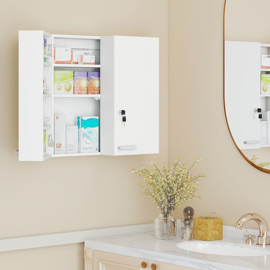 HOMCOM Wall Mount Medicine Cabinet with Key Lock in White, image 2