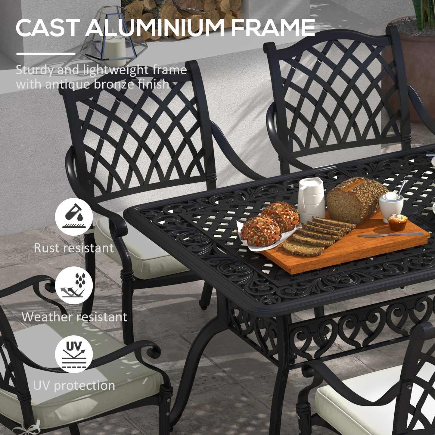 Zestaw mebli ogrodowych Outsunny z aluminium, 7 elementów, z otworem na parasol, czarny