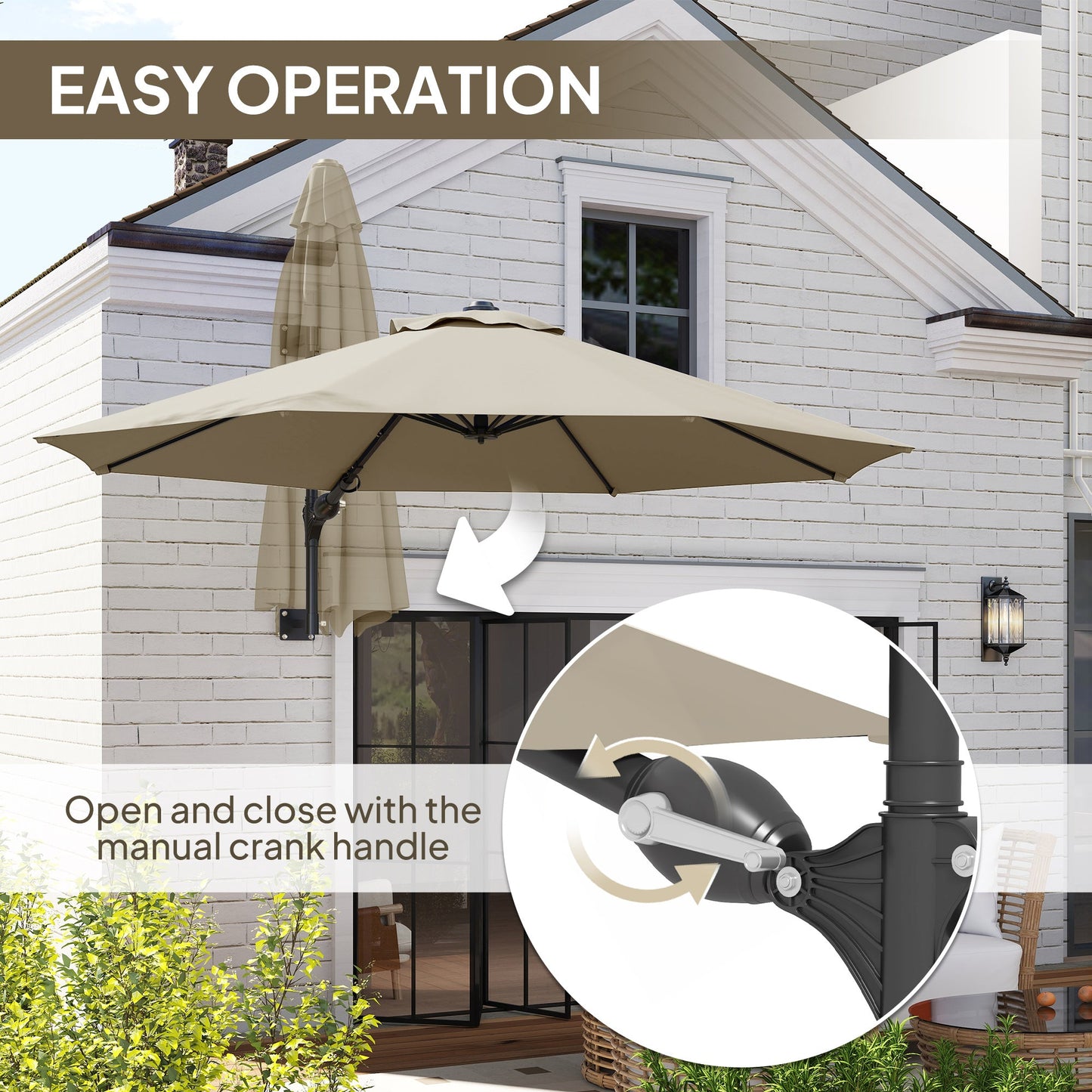Outsunny 3(m) Wall-Mounted Parasol Shade, with Handle - Khaki