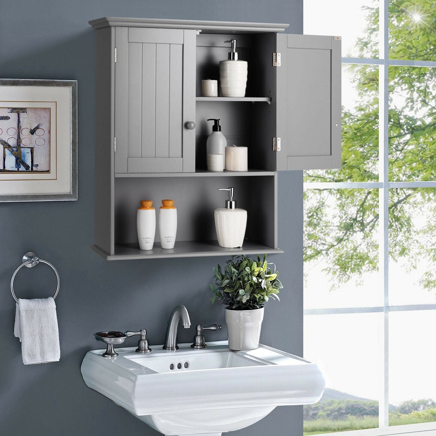 Wall Mounted Bathroom Storage Cabinet with Adjustable Shelf-Grey