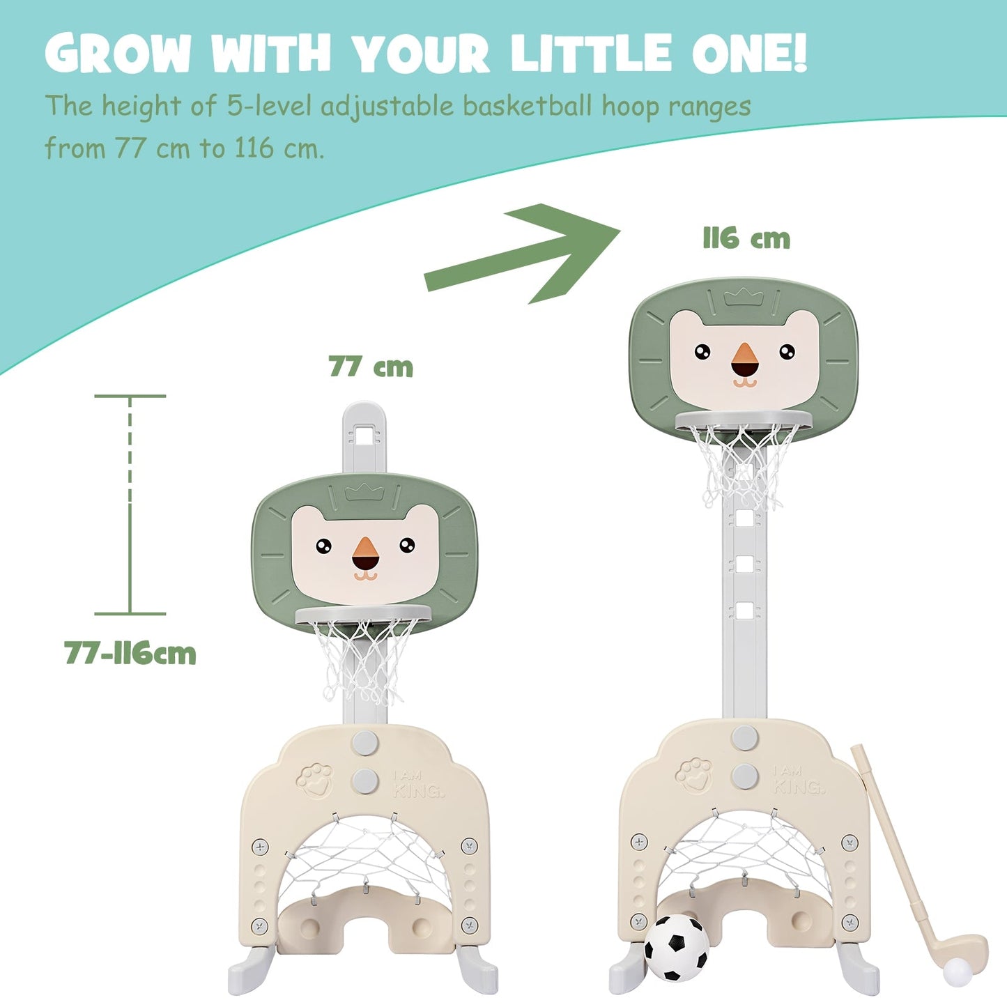 3-In-1 Children's Playground with Height-Adjustable Basketball Stand Green