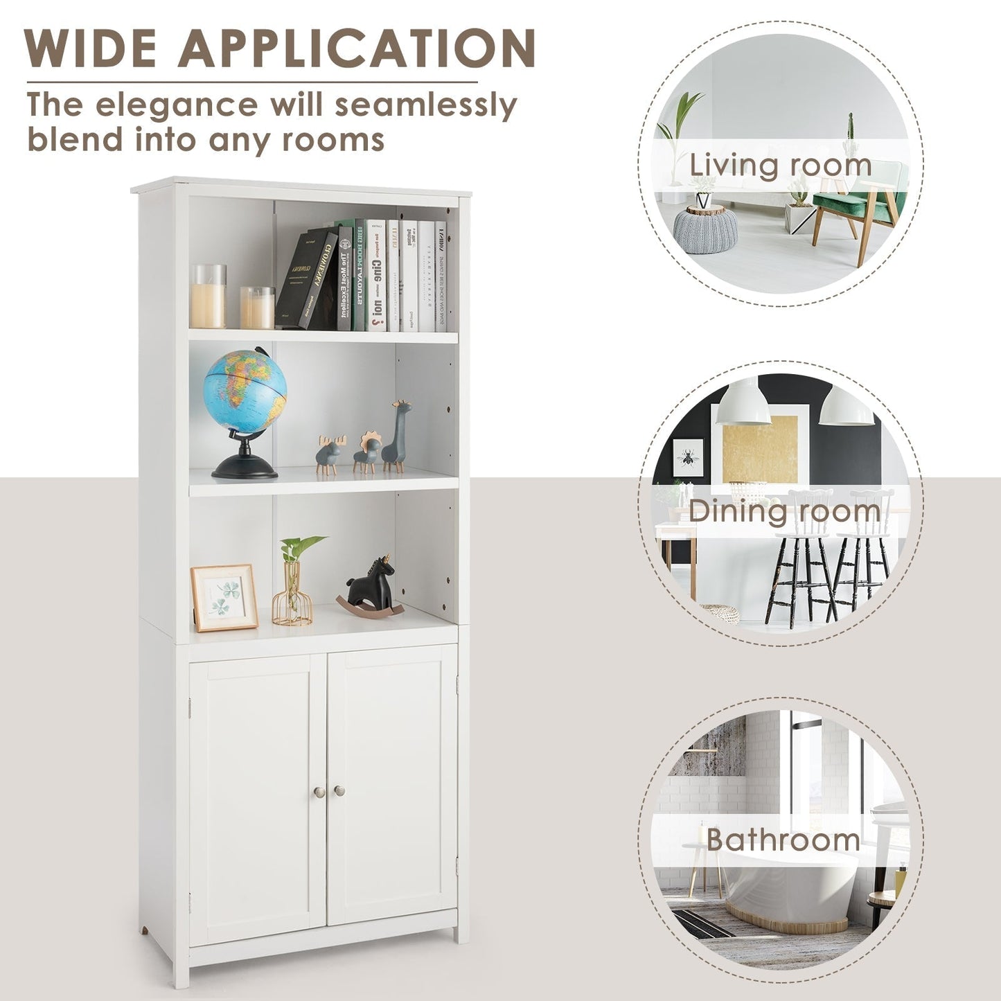 3-Shelf Bookcase with Double Doors & Adjustable Shelves & Cabinet-White