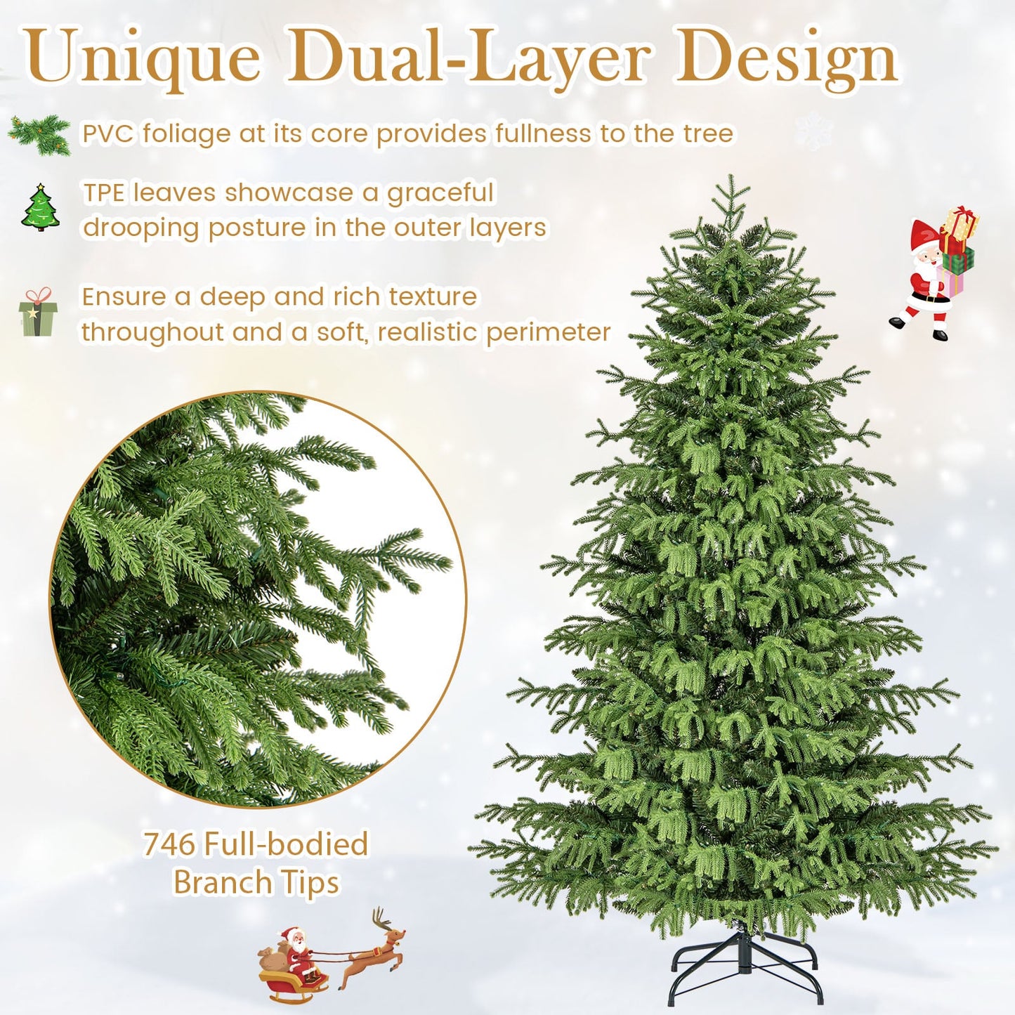 Artificial Christmas Tree Pre-lit Hinged Xmas Tree with LED Lights Seasonal Decoration Tree-6FT