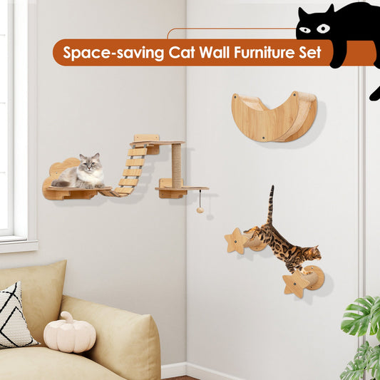 6 Pieces Cat Wall Furniture Set with Hammock and 2-step Cat Tree-Beige