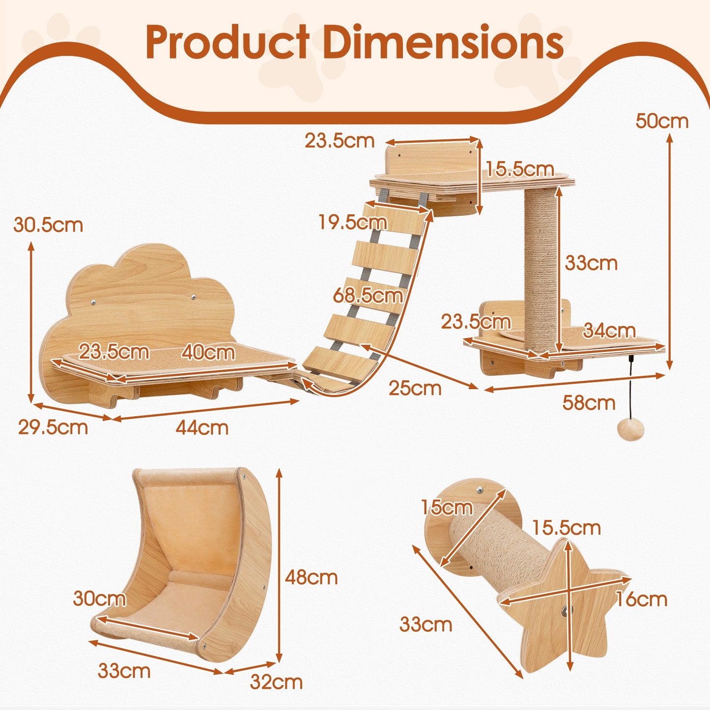 6 Pieces Cat Wall Furniture Set with Hammock and 2-step Cat Tree-Beige