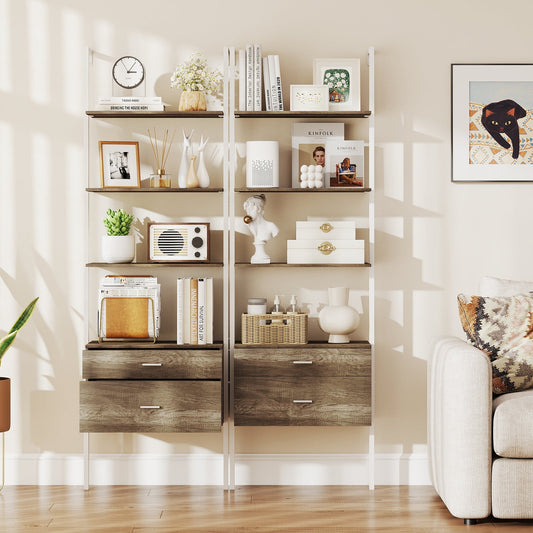 6-Tier Ladder Bookcase with 2 Drawers Wall-Mounted Bookshelf-Grey