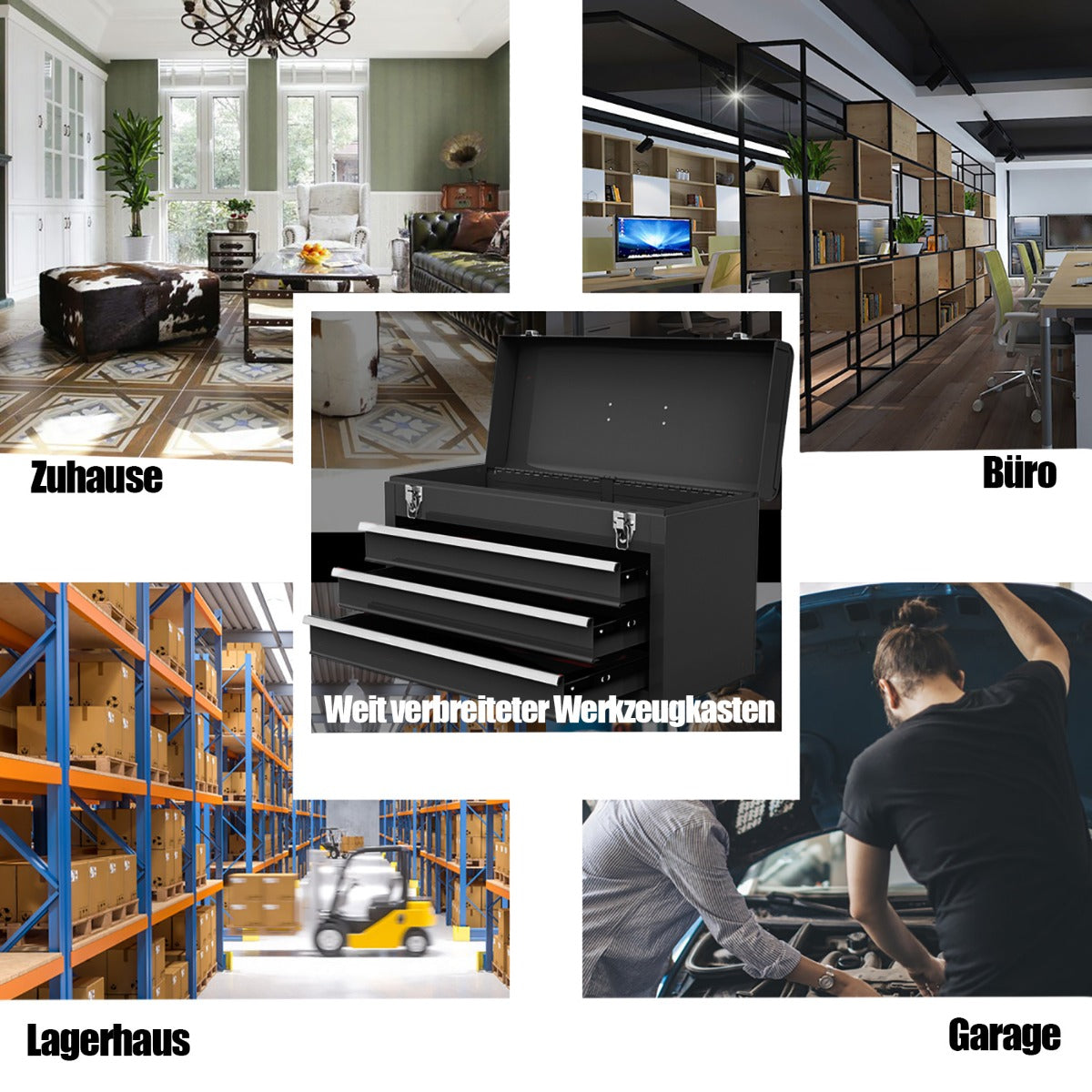 Portable Metal Tool Box with 3 Drawers and Storage Tray, Tool Case 52cm Black