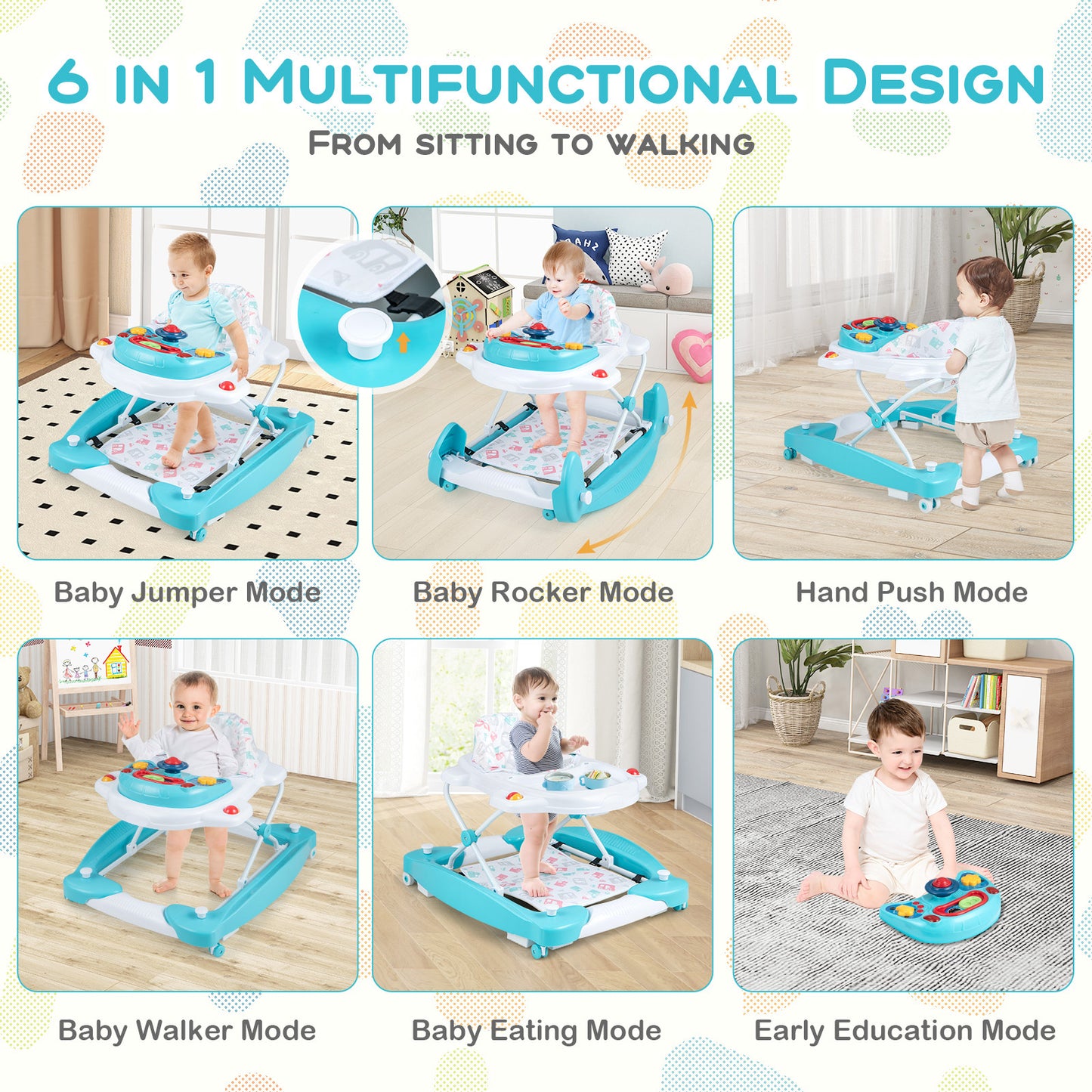 6 in 1 Adjustable Baby Walker Folding Baby Activity Center with Music Lights-Green