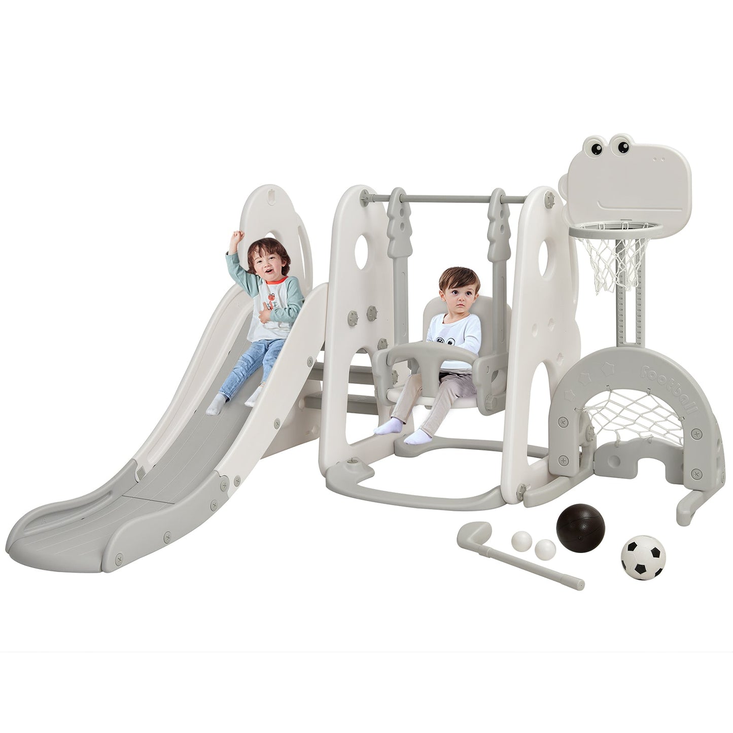 6 in 1 Toddler Slide and Swing Set with Adjustable Basketball Hoop for Indoor-Grey