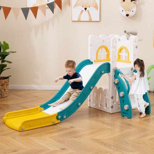 6 in 1 L-shaped Toddle Slide with Basketball Hoop and Telescope-Yellow