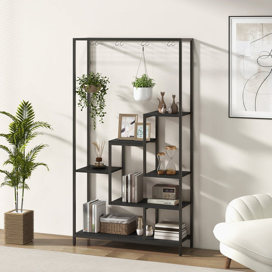 6-tier Tall Plant Stand with 10 Hanging Hooks and Wire Shelf for Multiple Plants-Black