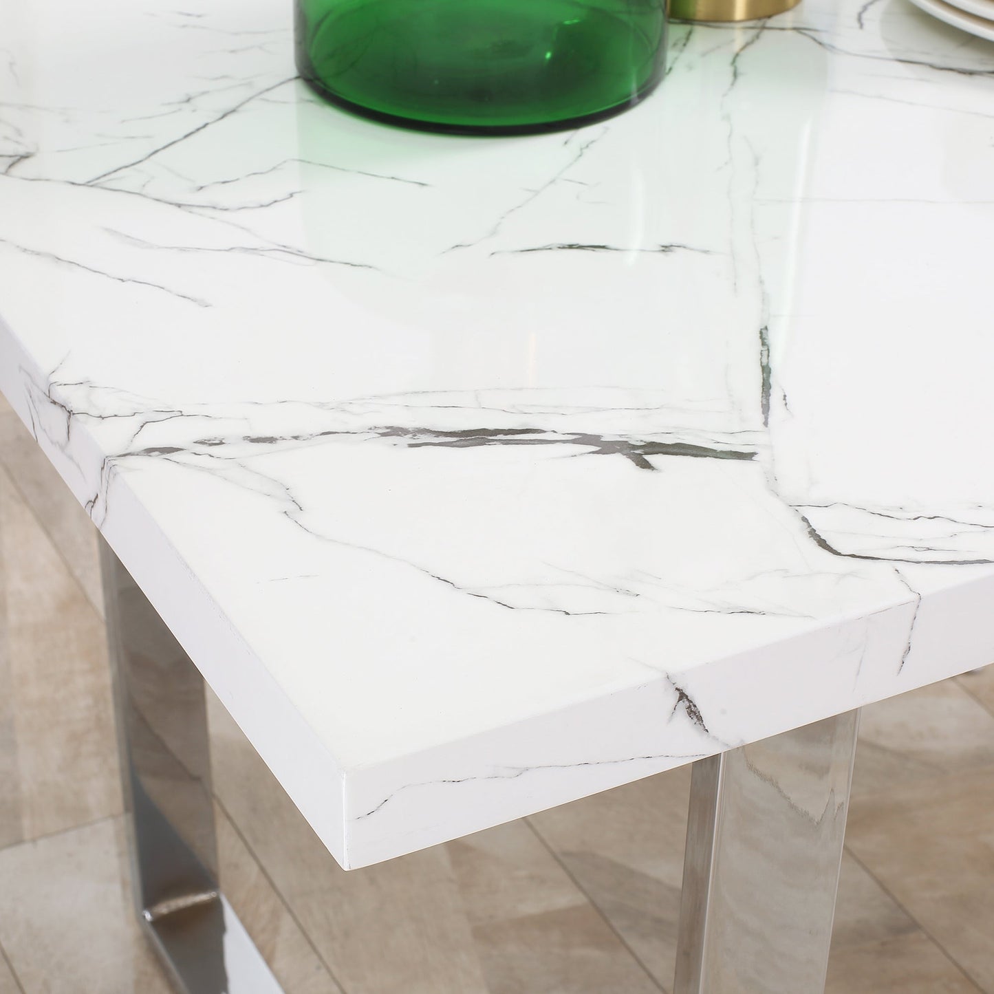 HOMCOM Modern Dining Room Table Rectangular Kitchen Table for 6-8 People with Marble Effect Tabletop Steel Legs 160 cm White