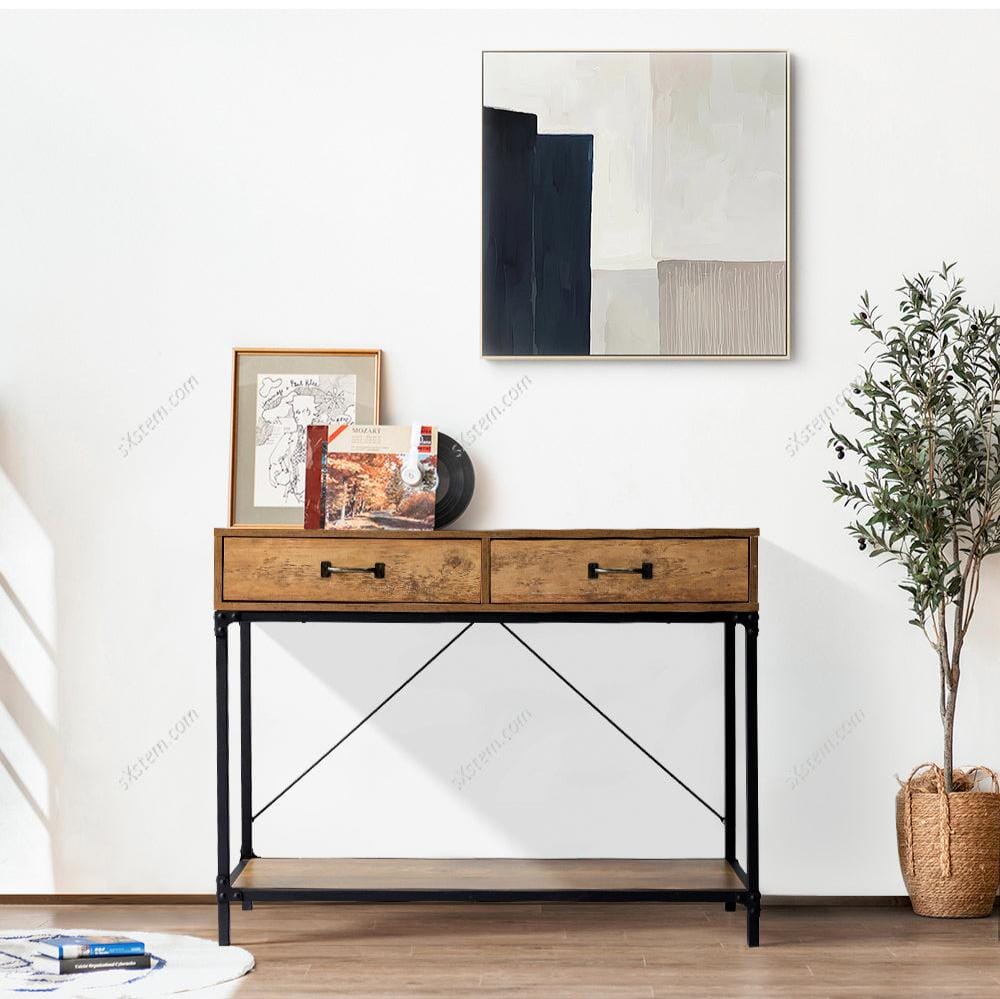 Industrial Wood Side Table with Drawers
