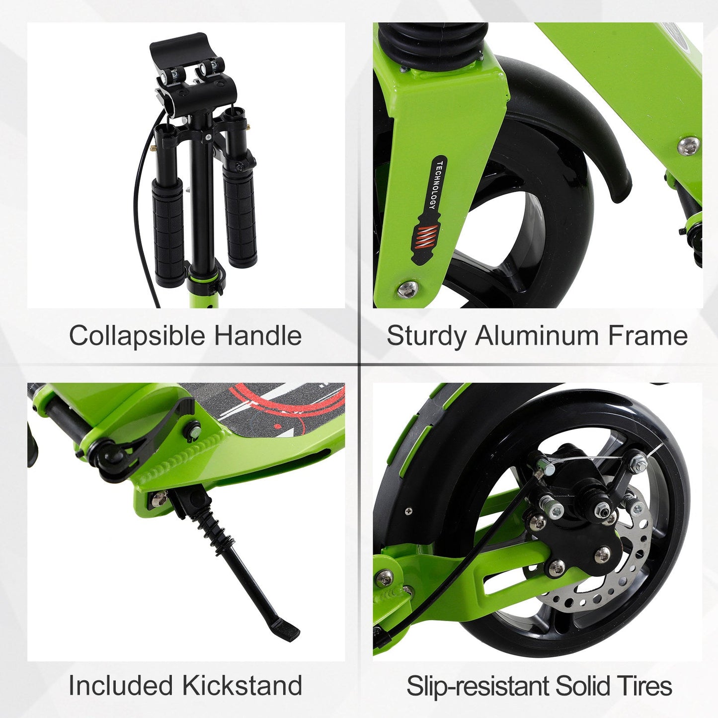 HOMCOM Kick Scooter, Folding 2 Wheel Scooter for 14+ Teens Adults, with Dual Brake System, Dual Suspension, 230mm Big Wheels, 3 Adjustable Handlebar, up to 100KG, Green