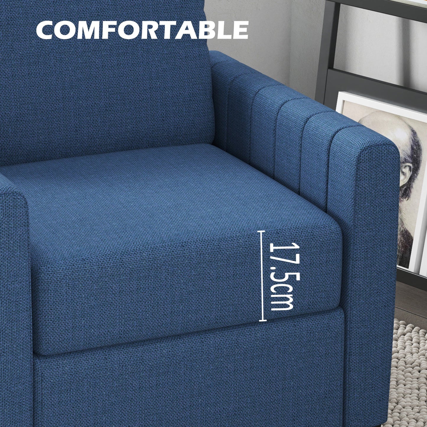 HOMCOM Armchair, Channel Tufted Modern Fabric Accent Chair, Comfy Upholstered Reading Lounge with Spring Cushion, Back Pillow, for Living Room, Bedroom, Office, Blue